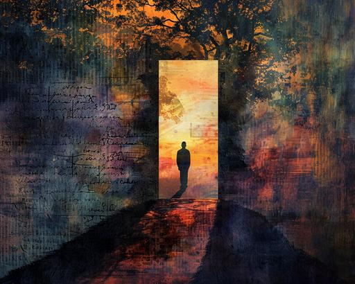 Door to the Soul. Design a combined batik with Pendleton Mixed Media Collage exploring the concept of a mystical gate leading to otherworldly realms. Incorporate vintage photographs, handwritten letters, and abstract elements. Use double exposure photography to blend these elements seamlessly. Imagined by M A Aguilar, MegUSN1 --stylize 250 --c 10 --ar 10:8 --v 6.0 --style raw
