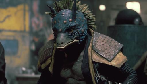 Dorohedoro in the film Street Trash from 1987, deep focus, incredibly realistic creature design, vibrant vintage color palette, wearing a gas mask and a dark leather jacket, very muscular punk with hyperrealistic komodo dragon head, spiked hair like needles, slums, gritty practical effects, promotional material, dramatic shadows and composition, ILM, NIN, Trent Reznor, --ar 16:9 --v 4 --q 2