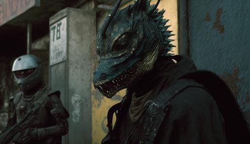 Dorohedoro in the film Street Trash from 1987, deep focus, incredibly realistic creature design, vibrant vintage color palette, absurd, surreal, long snout, wearing a gas mask and a dark leather jacket, very muscular punk with hyperrealistic komodo dragon head, spiked hair like needles, slums, gritty practical effects, promotional material, dramatic shadows and composition, ILM, NIN, Trent Reznor, --ar 16:9 --v 4 --q 2
