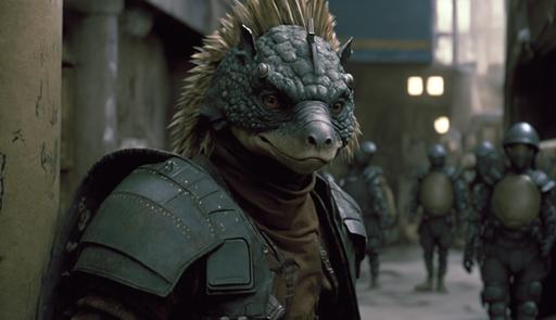Dorohedoro in the film Street Trash from 1987, deep focus, incredibly realistic creature design, vibrant vintage color palette, wearing a gas mask and a dark leather jacket, very muscular punk with hyperrealistic komodo dragon head, spiked hair like needles, slums, gritty practical effects, promotional material, dramatic shadows and composition, ILM, NIN, Trent Reznor, --ar 16:9 --v 4 --q 2