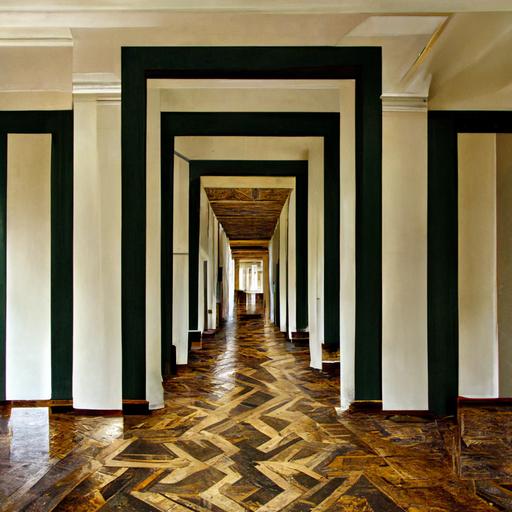 a long hall with picture frames on the halls and a herringbone floor