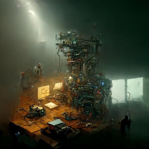 mysterious scientific workshop, computers, chemistry, robotics, lasers, microscopes, telescopes, optics, cables, cords, fibers, tile floor, volumetric fog, detailed, realistic, in the style of craig mullins
