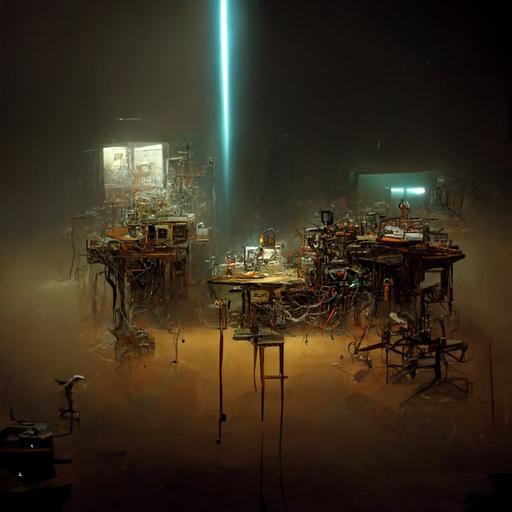 mysterious scientific workshop, computers, chemistry, robotics, lasers, microscopes, telescopes, optics, cables, cords, fibers, tile floor, volumetric fog, detailed, realistic, in the style of craig mullins