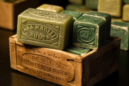 Dozens of brown-green Marseille soaps are displayed in a wooden box in the style of the period --ar 3:2 --v 5 --s 750 --s 750