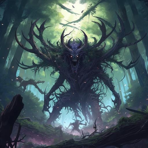 a Monster with Long arms and sharp claws, and a moose skull face, swinging from the tree branches in a dense jungle in an anime style