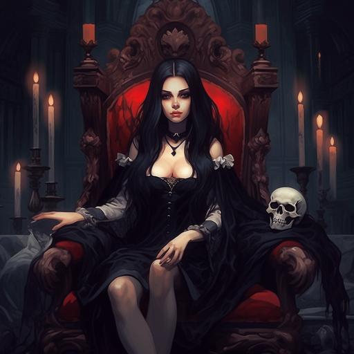 a beautiful vampire lady, with visible fangs and long dark hair sitting on a fancy chair in a castle holding a human skull in her in hands in an anime style