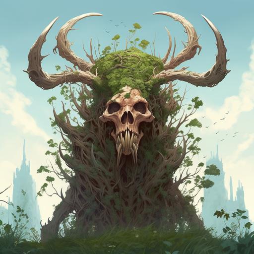 a giant enormous monster with a moose skull head covered in vines anime style
