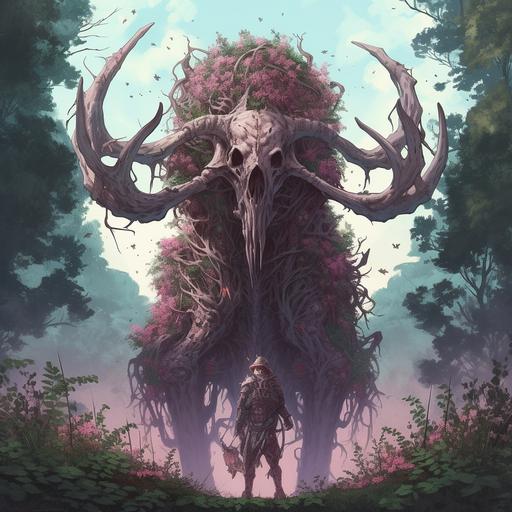 a giant enormous monster with a moose skull head covered in vines anime style