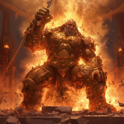 a giant god wearing golden armor Hammering molten steel in a volcano