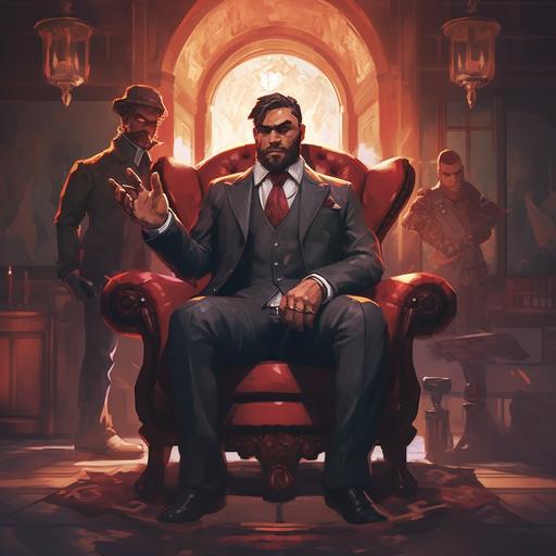 a hired thug in a fancy suit withcracking his knuckles standing next to a man in a fancy chair in the style of diablo