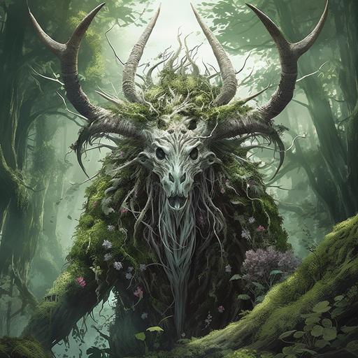 a monstrous creature covered in vines with a moose skull face standing in a jungle anime style
