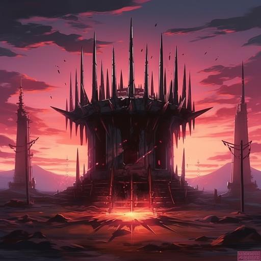 a steel altar with spikes at each corner in a hellish landscape of boiling oil anime style