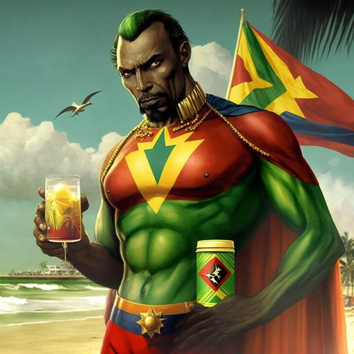 Dr Strange as a Guyanese caribbean Indian man marvel super hero suit is green yellow and red in Guyana flag colours and pattern drinking a cocktail from a coconut with a straw on a beach in Guyana photo realistic --v 4