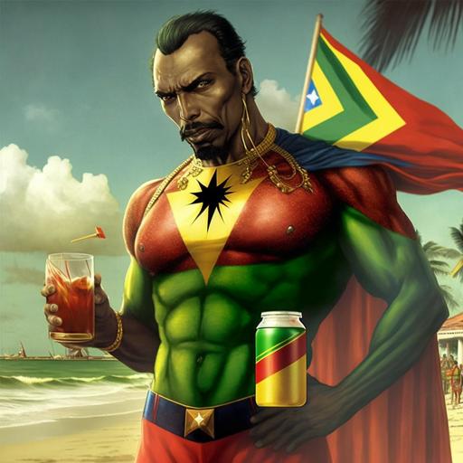 Dr Strange as a Guyanese caribbean Indian man marvel super hero suit is green yellow and red in Guyana flag colours and pattern drinking a cocktail from a coconut with a straw on a beach in Guyana photo realistic --v 4