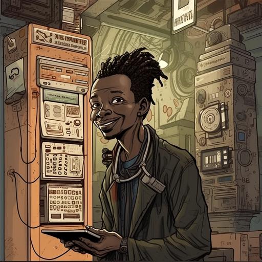 Dr What, smiling winking black Dr who, cyberpunk, steampunk, Panasonic brand phone booth Time travel laser guided, ooooo weeeee oooooh!, noise, bus driver scifi, danger will Robinson, smartest guy in room, star maps, library, afrofuturism --v 5.0