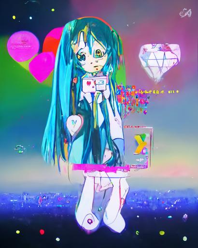 windows xp ms paint glitchcore 2000s pixiv anime girl neon tamagotchi, hearts, stars, cabinet card style; Emo plastic love Miku::7 | holographic Y2K bubbles and dvds, eurodance album cover amv::3 --h 320