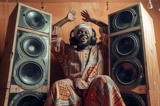 Dramatic low angle shot of full body shot of cool black Muslim man, wearing African Muslim attires, excited, happy, fun, energetic, relaxed leaning on 3 huge speakers, with huge headphones, laughing, smiling into the camera, in a studio photoshoot in Lagos --ar 3:2 --v 6.0 --s 50