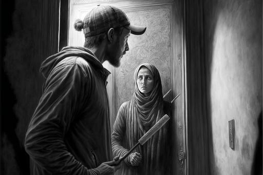 Dramatic scene A young Muslim woman opens the door ,of the apartment outside, a young man, carrying a stick with sticking out nails pencil drawing, 8k --q 2 --ar 3:2