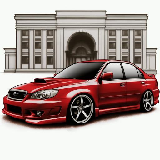 Draw a 2004 Subaru Legacy car, car color is red, sedan body, black rims, car in city parking realistic