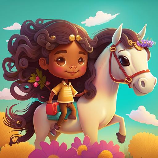 Draw a beautiful, colorful, sunny day with a four-year-old girl with light brown skin and long wavy hair, with two reals unicorns in the air, 3D cartoon style