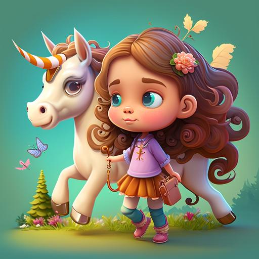 Draw a beautiful, colorful, sunny day with a four-year-old girl with light brown skin and long wavy hair, with two reals unicorns in the air, 3D cartoon style