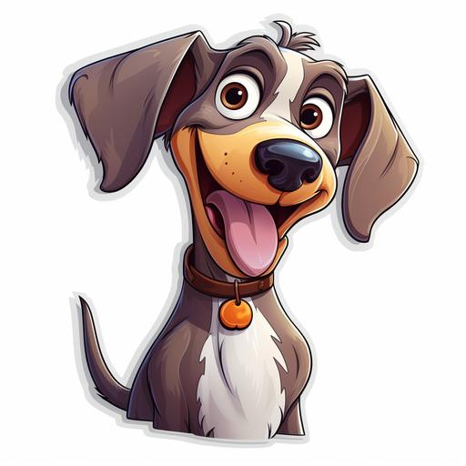 Draw a cartoon dog, panting, her tongue is sticking out. softly smile, cute. richly detailed, shaded, sticker. White background