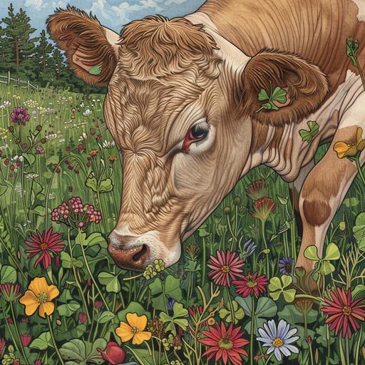 Draw a cow eating four-leaf clovers in a meadow with colorful flowers, viewed through a Leica camera with a 24mm lens. The cow should be off-center, bending its head down to graze. Include various flowers in the meadow, with taller grass and scattered rocks in the midground. In the background, suggest elements like a fence or tree line. Emphasize the cow's texture and the size of the four-leaf clovers around its mouth. Exaggerate the perspective for a wide-angle view and enhance vibrancy and contrast. Consider lighting and atmosphere, adding bees or butterflies for life.
