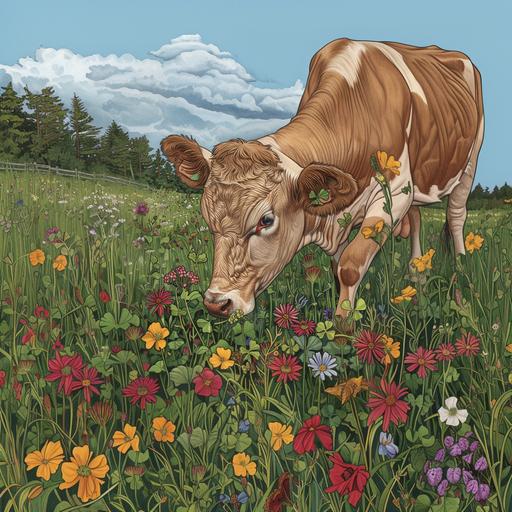Draw a cow eating four-leaf clovers in a meadow with colorful flowers, viewed through a Leica camera with a 24mm lens. The cow should be off-center, bending its head down to graze. Include various flowers in the meadow, with taller grass and scattered rocks in the midground. In the background, suggest elements like a fence or tree line. Emphasize the cow's texture and the size of the four-leaf clovers around its mouth. Exaggerate the perspective for a wide-angle view and enhance vibrancy and contrast. Consider lighting and atmosphere, adding bees or butterflies for life.