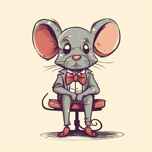 Draw a funny, funny character. Mouse head, simple lines, red color, wearing a bow. The character is sitting on a chair with his legs crossed, hands holding a thinking style. --v 5 --s 750 --q 2