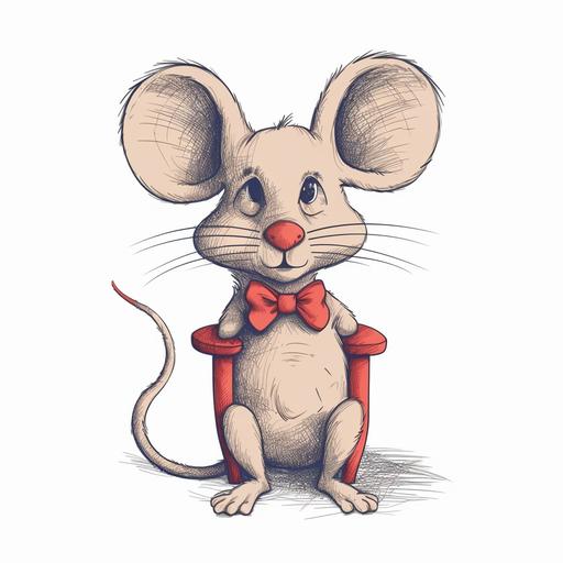 Draw a funny, funny character. Mouse head, simple lines, red color, wearing a bow. The character is sitting on a chair with his legs crossed, hands holding a thinking style. --v 5 --s 750 --q 2