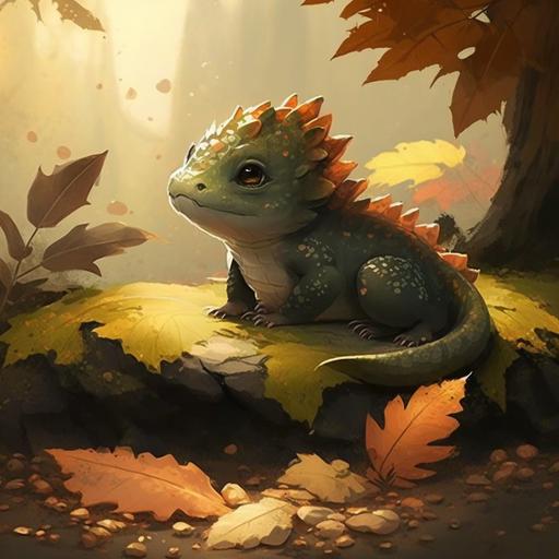Draw a little dragon lying on a soft dirt mound in the forest. The painting style should be childlike and cute, the size of the dragon should not exceed 1/4 of the picture, the forest should not be too dark, and the season is autumn.