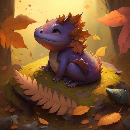 Draw a little dragon lying on a soft dirt mound in the forest. The painting style should be childlike and cute, the size of the dragon should not exceed 1/4 of the picture, the forest should not be too dark, and the season is autumn.