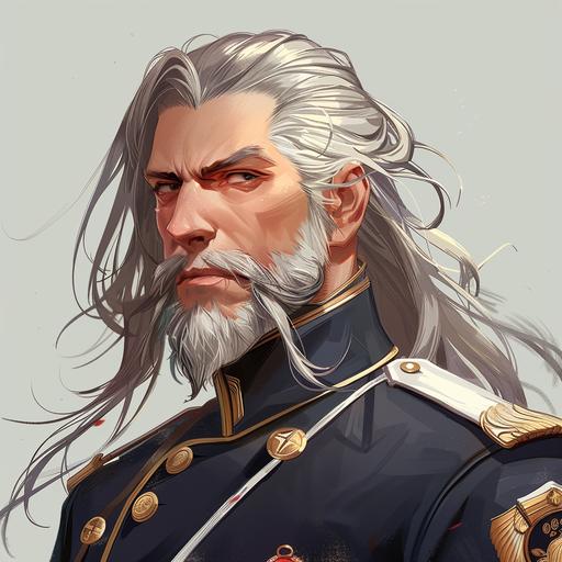 Draw a middle-aged man with gray hair. He has long hair. He is tying his hair with a ribbon. He is wearing a police uniform. He doesn‘t have a beard. --v 6.0