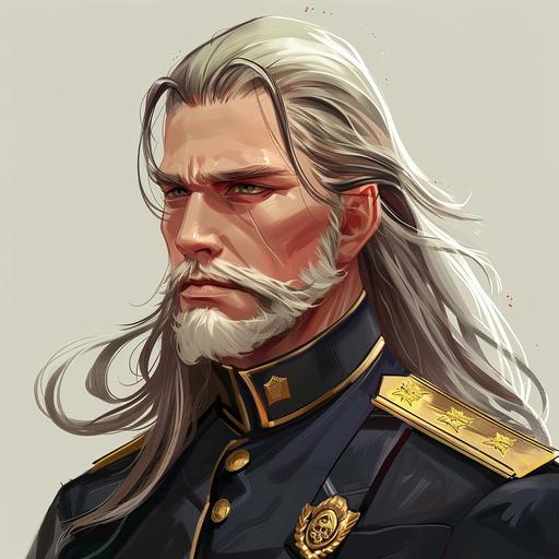 Draw a middle-aged man with gray hair. He has long hair. He is tying his hair with a ribbon. He is wearing a police uniform. He doesn‘t have a beard. --v 6.0
