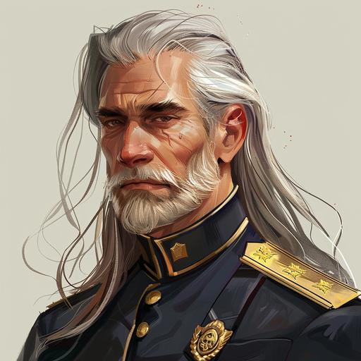 Draw a middle-aged man with gray hair. He has long hair. He is tying his hair with a ribbon. He is wearing a police uniform. He doesn‘t have a beard.