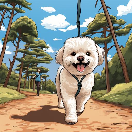 Draw a picture of a happy walk with a Bichon Frize dog in pine tree park --v 5.2