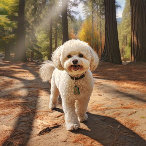 Draw a picture of a happy walk with me with a Bichon Frize dog in pine tree park, photograph --v 5.2