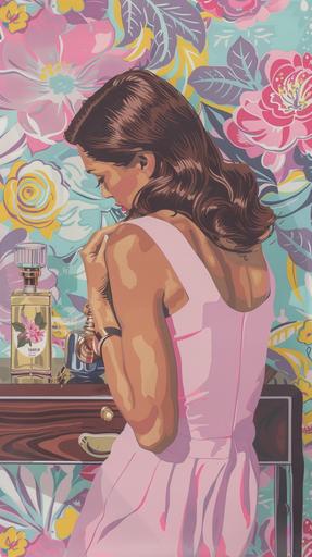 Draw a woman in a pastel pink slip, in an embrace with her reflection, with retro perfume bottles on a mid-century modern dresser, and the background featuring bold, graphic floral wallpaper in a pop art style. --ar 9:16 --v 6.0