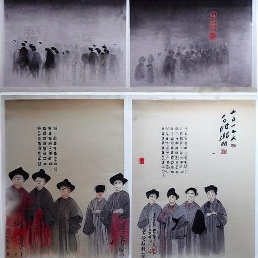 Draw in Chinese ink washing painting. Create an image depicting a group of people celebrating the Chinese New Year, with everyone dressed in new clothes and wearing new hats, while wishing each other good health and success in their studies. --test --creative --v 4