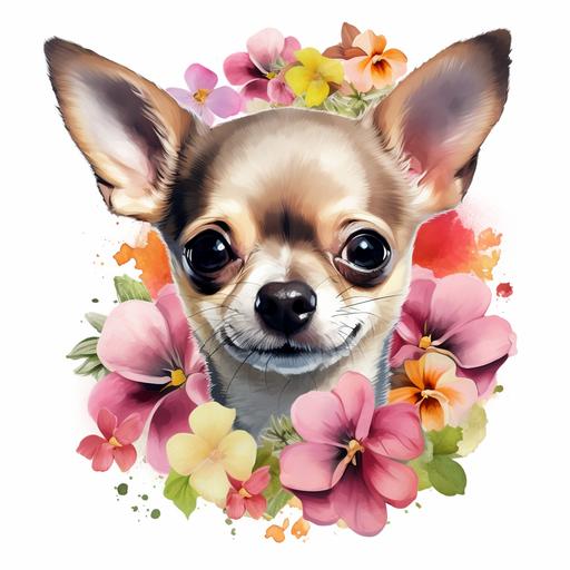 Draw me a small, cute chihuahua dog with a flower in its mouth, many colors, on a white background