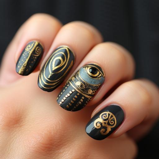 Drawing inspiration from the ancient Egyptian jewelry elements of King Tutankhamun, create nail art patterns that incorporate ancient totems and a strong mechanical feel. Include symbols like the Eye of Horus and Bastet. Here are ten unique designs for each finger: Thumb: Eye of Horus Nail Art Design the Eye of Horus, a symbol of protection and power, in a precise and intricate manner on the thumb. Index Finger: Bastet Cat Nail Design Create a mesmerizing depiction of the cat goddess Bastet, symbolizing protection and fertility, on the index finger. Middle Finger: Hieroglyphic Nail Art Inscribe ancient Egyptian hieroglyphics on the middle finger, adding an enigmatic and mysterious touch to the nail design. Ring Finger: Ankh Cross Nail Design Paint the Ankh, a symbol of life and eternity, on the ring finger, adding an aura of spirituality to the design. Pinky Finger: Scarab Beetle Nail Art Recreate the sacred scarab beetle, symbolizing rebirth and transformation, on the pinky finger. Thumb: Pyramid Nail Design Paint an ancient Egyptian pyramid on the thumb, representing power, stability, and mystery. Index Finger: Winged Solar Disk Nail Art Design the winged solar disk, symbolizing divinity and protection, on the index finger. Middle Finger: Snake and Cobra Nail Art Draw the sacred snake and cobra, representing royalty and protection, on the middle finger. Ring Finger: Sarcophagus Nail Design Create an intricate depiction of a sarcophagus on the ring finger, symbolizing the journey to the afterlife. Pinky Finger: Lotus Flower Nail Art Paint the beautiful lotus flower, representing rebirth and purity, on the pinky finger