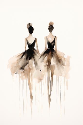 Drawing of Black and Biege Minimal Line Style Neutral 2 ballerinas Watercolor Vintage Horse , Textured Abstract, Neutral Abstract --ar 2:3 --style raw --v 5.2