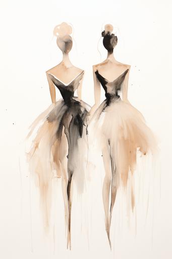Drawing of Black and Biege Minimal Line Style Neutral 2 ballerinas Watercolor Vintage Horse , Textured Abstract, Neutral Abstract --ar 2:3 --style raw --v 5.2
