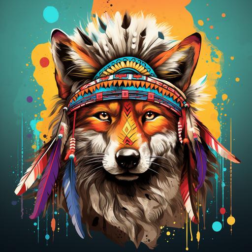 Drawing of a Native American style fox with a Native American hat, large elements colorful background