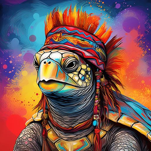Drawing of a Native American style sea turtle with a Native American hat, large elements colorful background, the ser turtle look at the camera