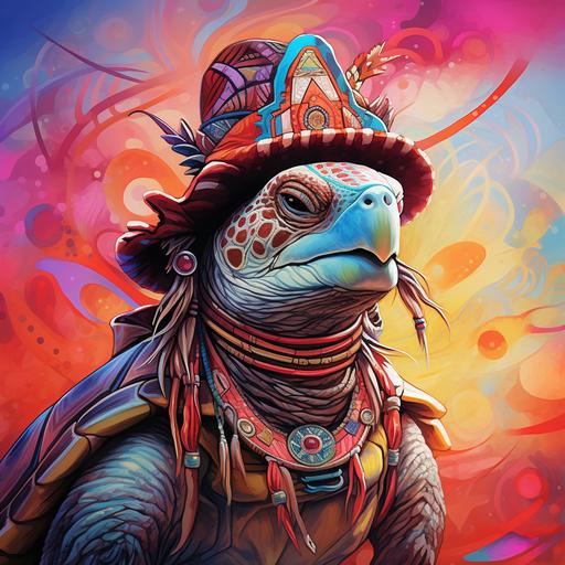 Drawing of a Native American style sea turtle with a Native American hat, large elements colorful background, the ser turtle look at the camera