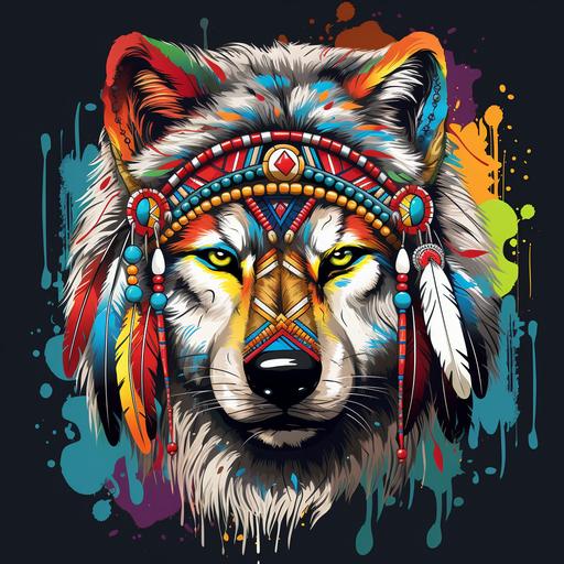 Drawing of a Native American style wolf with a Native American hat, large elements colorful background