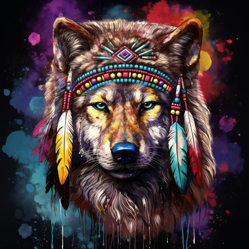 Drawing of a Native American style wolf with a Native American hat, large elements colorful background
