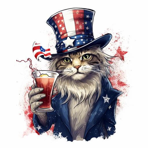Drawing of a cat in graffiti style, wearing Uncle Sam clothes, with an Uncle Sam hat, holding a glass of beer. White background