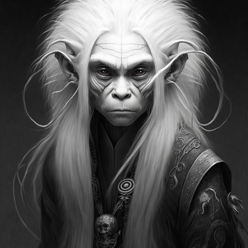 Drawn by pencil cyborg japanese monkey with long white hair faced forward with round eyes